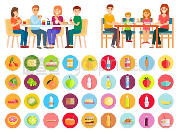 在家里吃飯的家庭。兩張照片,健康的家庭食品和不健康的垃圾食品。母親和父親,女兒和兒子一起吃飯。單獨的產品圖標。平面的矢量插圖。家庭吃垃圾食品和健康食品,產品圖標